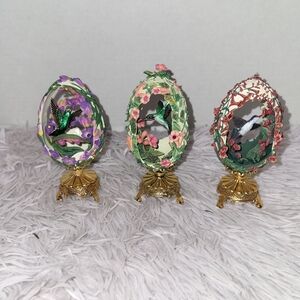Lot Of 3 Franklin Mint House of Faberge Hummingbird Egg Jewels  With Stand